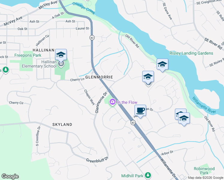 map of restaurants, bars, coffee shops, grocery stores, and more near 2360 Glenmorrie Drive in Lake Oswego