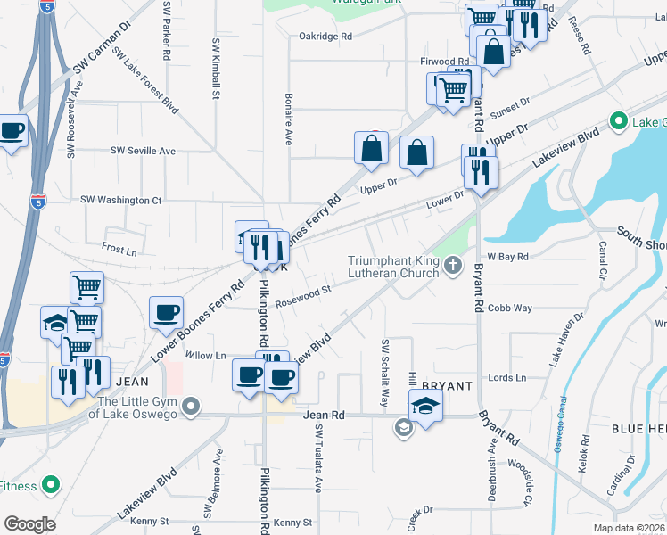 map of restaurants, bars, coffee shops, grocery stores, and more near 5189 Rosewood Street in Lake Oswego