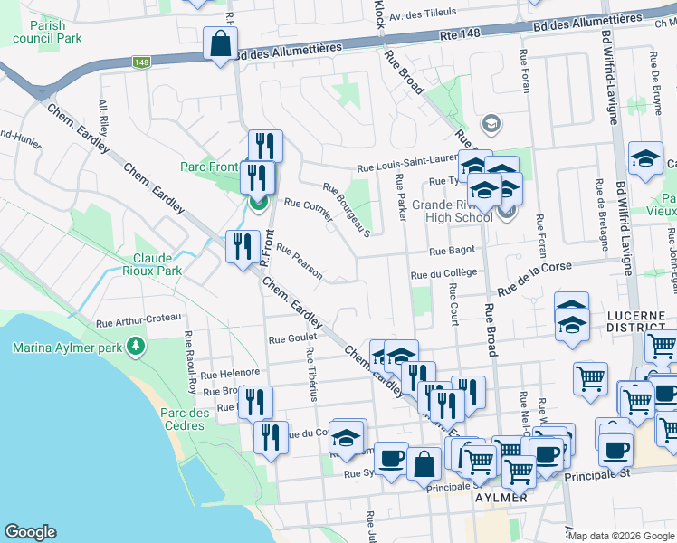 map of restaurants, bars, coffee shops, grocery stores, and more near 78 Rue Pearson in Gatineau
