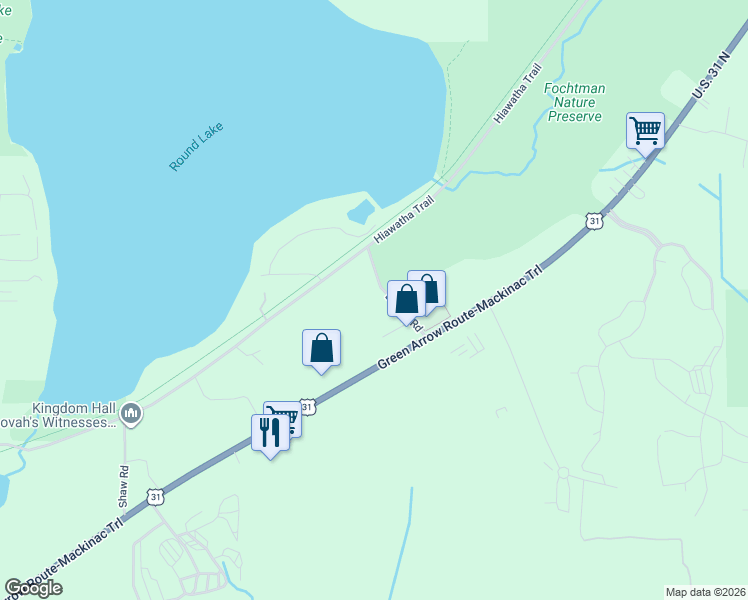 map of restaurants, bars, coffee shops, grocery stores, and more near 2189 Barney Road in Petoskey