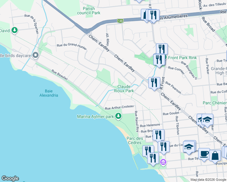 map of restaurants, bars, coffee shops, grocery stores, and more near 26 Rue Xavier in Gatineau