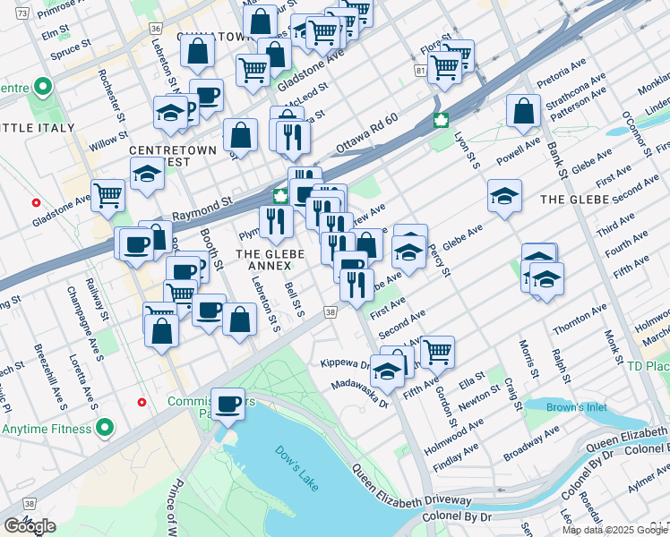 map of restaurants, bars, coffee shops, grocery stores, and more near 290 Powell Avenue in Ottawa