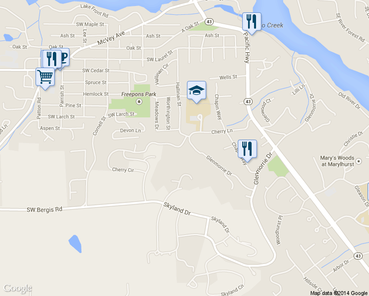 map of restaurants, bars, coffee shops, grocery stores, and more near 17410 Upper Cherry Lane in Lake Oswego