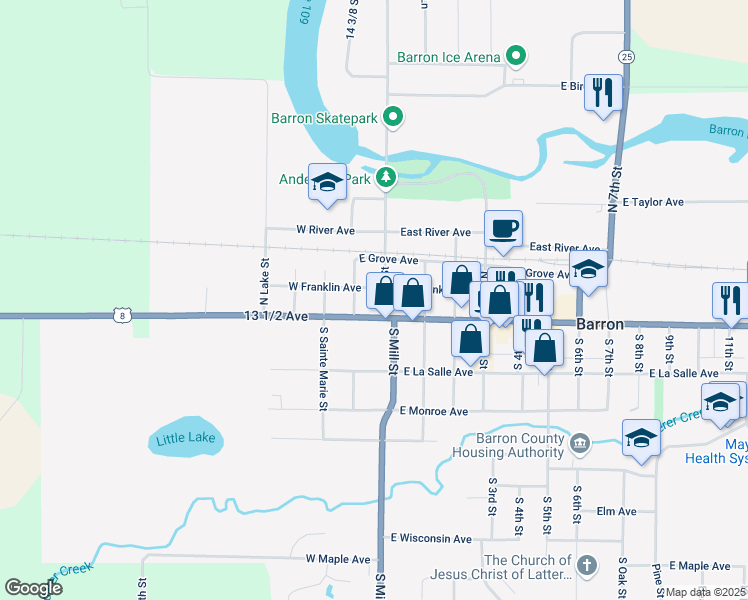 map of restaurants, bars, coffee shops, grocery stores, and more near 27 N Mill St in Barron