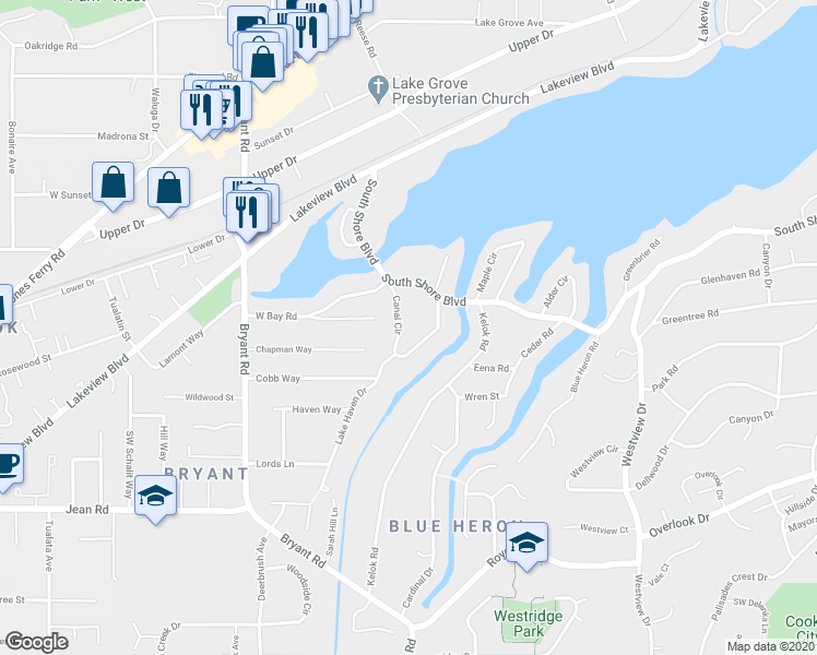 map of restaurants, bars, coffee shops, grocery stores, and more near 17084 Canal Circle in Lake Oswego