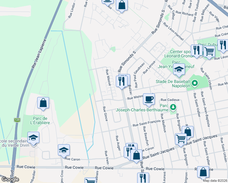 map of restaurants, bars, coffee shops, grocery stores, and more near 375 Rue Massé in Granby