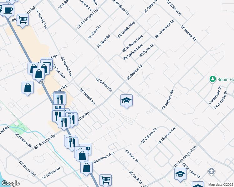 map of restaurants, bars, coffee shops, grocery stores, and more near 4908 Southeast Roethe Road in Milwaukie