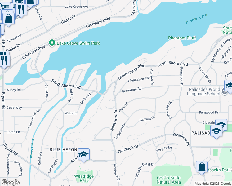map of restaurants, bars, coffee shops, grocery stores, and more near 2991 Glenhaven Road in Lake Oswego