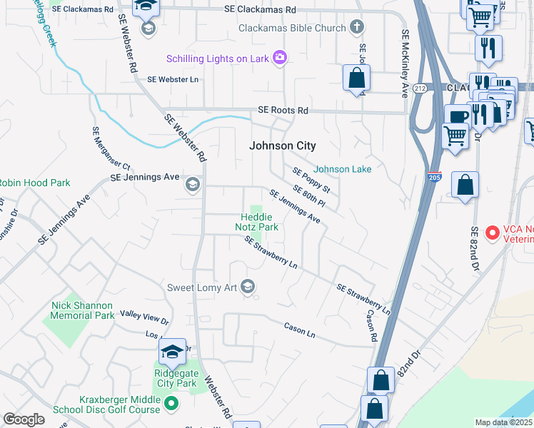 map of restaurants, bars, coffee shops, grocery stores, and more near 8021 Southeast Towhee Court in Milwaukie