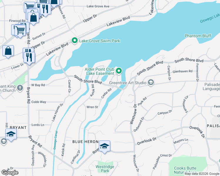 map of restaurants, bars, coffee shops, grocery stores, and more near 17104 Cedar Road in Lake Oswego