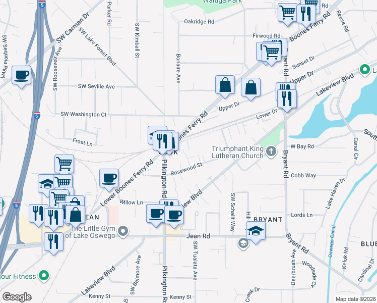 map of restaurants, bars, coffee shops, grocery stores, and more near 5328 Lower Drive in Lake Oswego