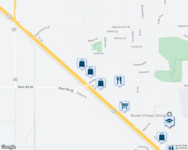 map of restaurants, bars, coffee shops, grocery stores, and more near 13152 Bradley Boulevard in Becker