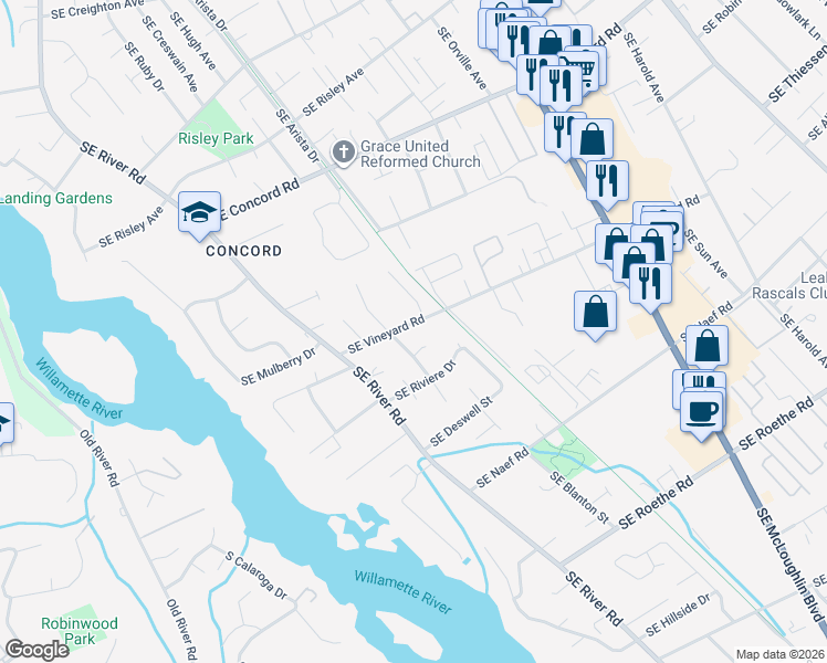 map of restaurants, bars, coffee shops, grocery stores, and more near 3102 Southeast Vineyard Road in Milwaukie