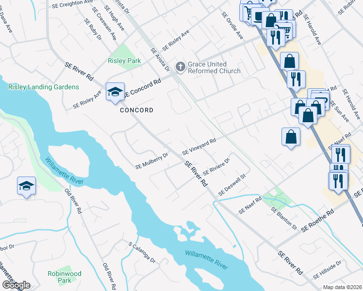 map of restaurants, bars, coffee shops, grocery stores, and more near 16722 Southeast River Road in Milwaukie