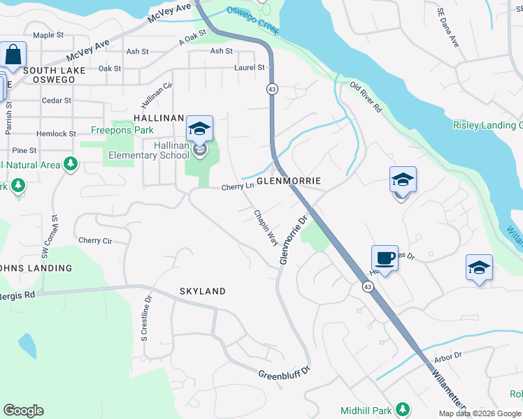 map of restaurants, bars, coffee shops, grocery stores, and more near 17085 Chapin Way in Lake Oswego