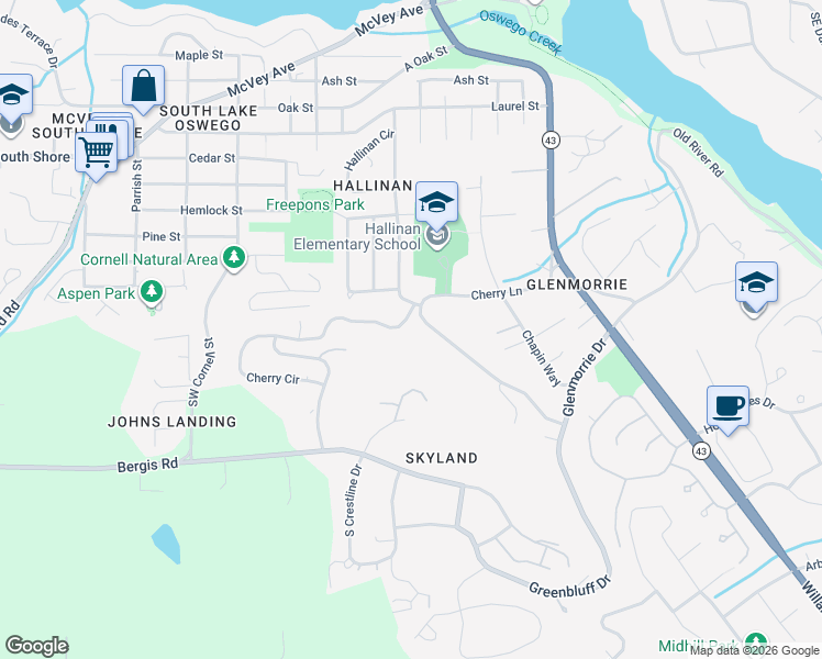 map of restaurants, bars, coffee shops, grocery stores, and more near 17410 Upper Cherry Lane in Lake Oswego