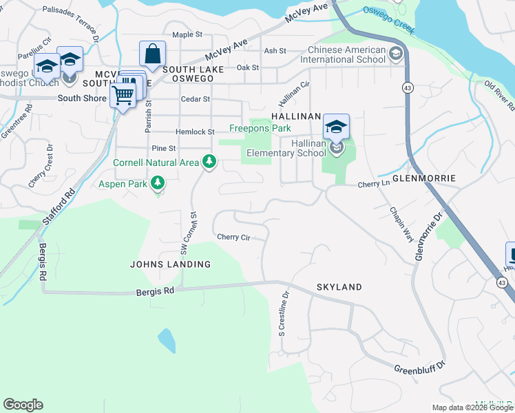 map of restaurants, bars, coffee shops, grocery stores, and more near 17555 Upper Cherry Lane in Lake Oswego