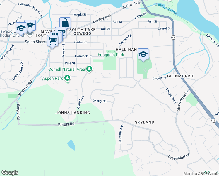 map of restaurants, bars, coffee shops, grocery stores, and more near 17555 Upper Cherry Lane in Lake Oswego