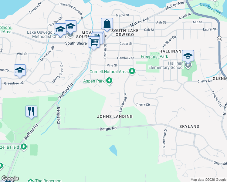 map of restaurants, bars, coffee shops, grocery stores, and more near 223 Cornell Court in Lake Oswego