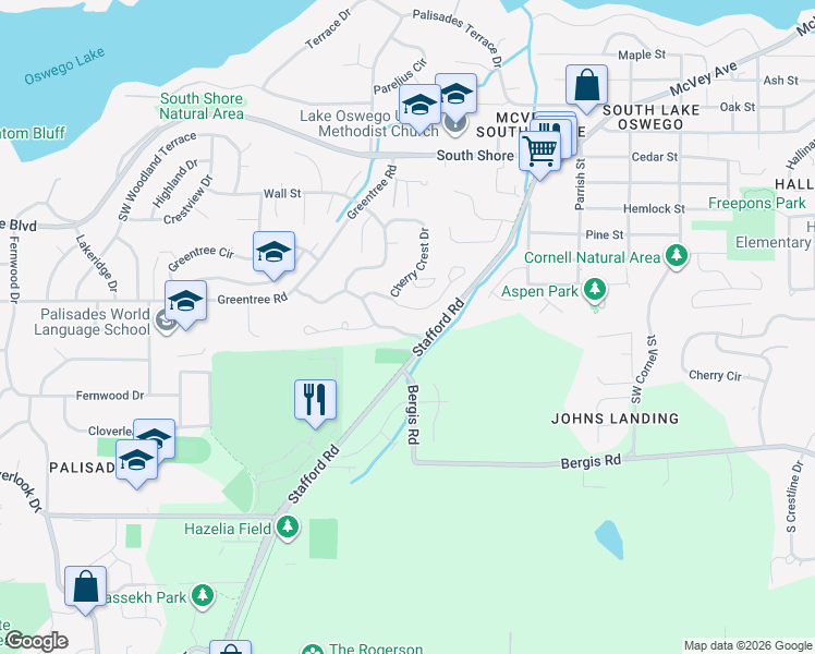 map of restaurants, bars, coffee shops, grocery stores, and more near 656 Sunny Hill Drive in Lake Oswego