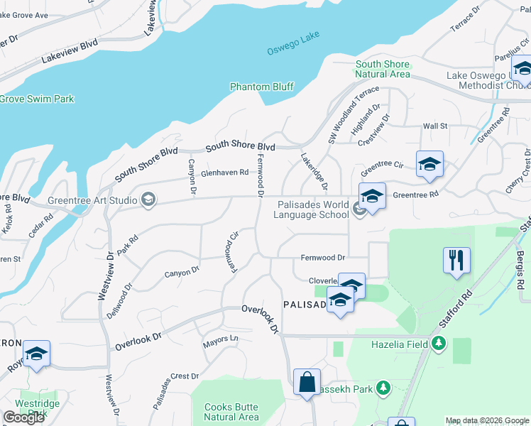 map of restaurants, bars, coffee shops, grocery stores, and more near 17090 Fernwood Drive in Lake Oswego