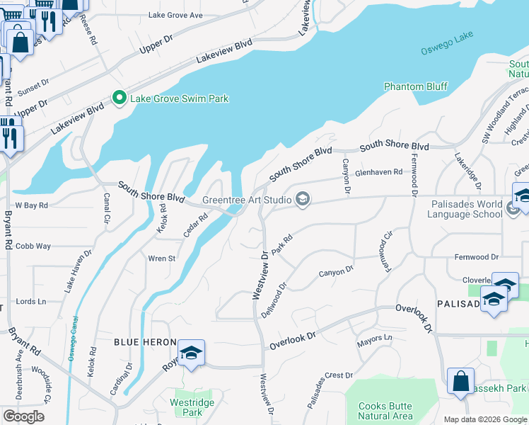 map of restaurants, bars, coffee shops, grocery stores, and more near 2991 Glenhaven Road in Lake Oswego