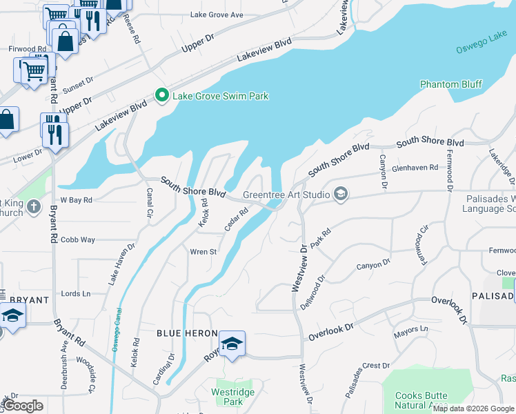 map of restaurants, bars, coffee shops, grocery stores, and more near 17104 Cedar Road in Lake Oswego