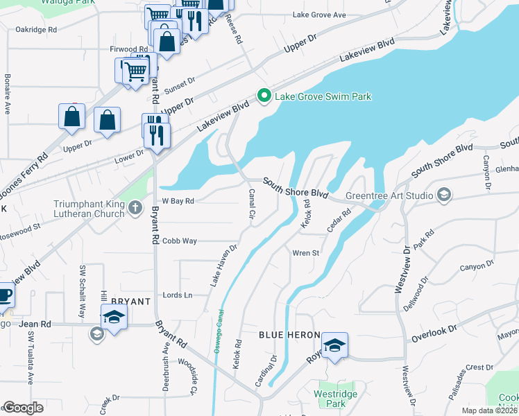 map of restaurants, bars, coffee shops, grocery stores, and more near 17084 Canal Circle in Lake Oswego