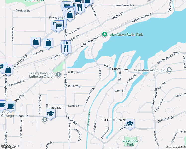 map of restaurants, bars, coffee shops, grocery stores, and more near 4050 Virginia Way in Lake Oswego