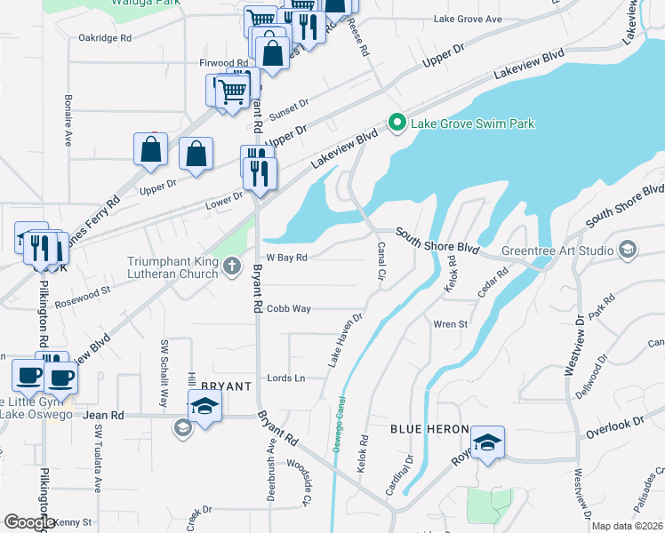 map of restaurants, bars, coffee shops, grocery stores, and more near 4164 Virginia Way in Lake Oswego