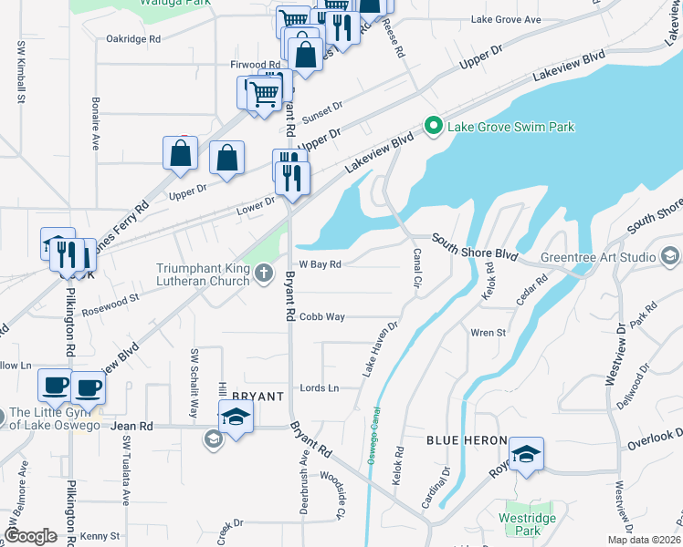 map of restaurants, bars, coffee shops, grocery stores, and more near 4304 West Bay Road in Lake Oswego