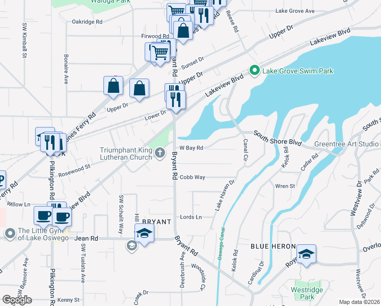 map of restaurants, bars, coffee shops, grocery stores, and more near 4484 West Bay Road in Lake Oswego