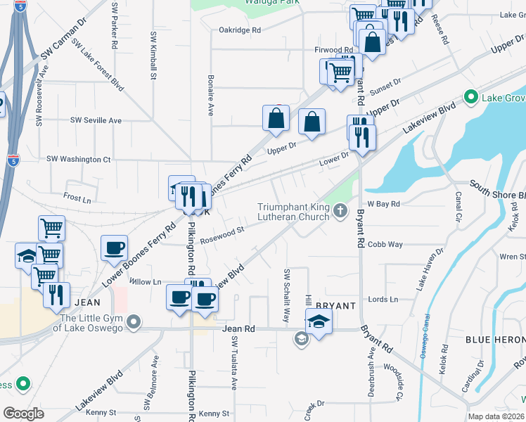 map of restaurants, bars, coffee shops, grocery stores, and more near 5027 Rosewood Street in Lake Oswego