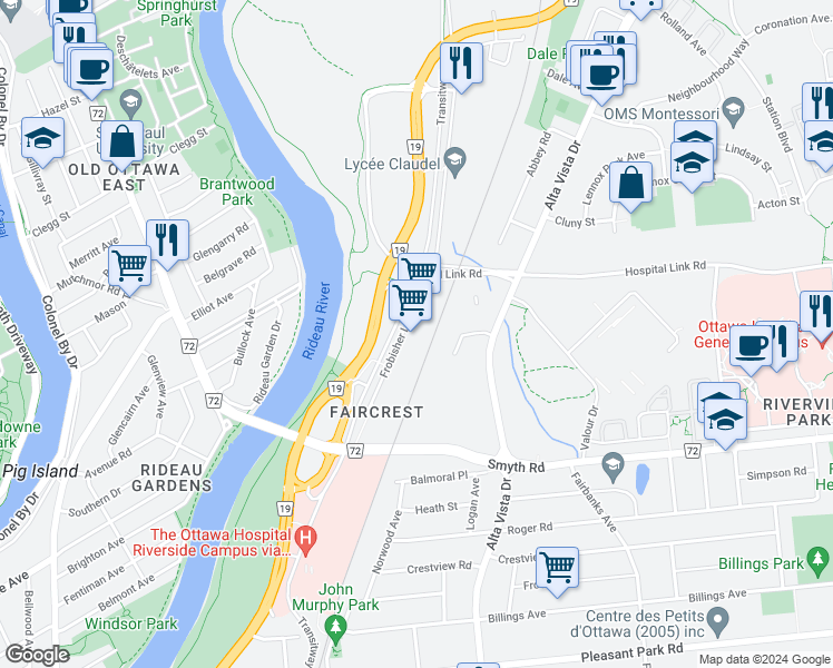 map of restaurants, bars, coffee shops, grocery stores, and more near 1755 Riverside Drive in Ottawa