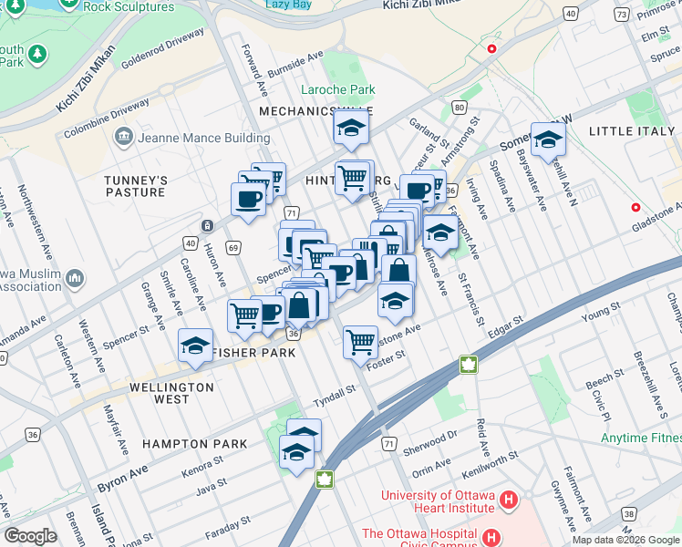 map of restaurants, bars, coffee shops, grocery stores, and more near in Ottawa