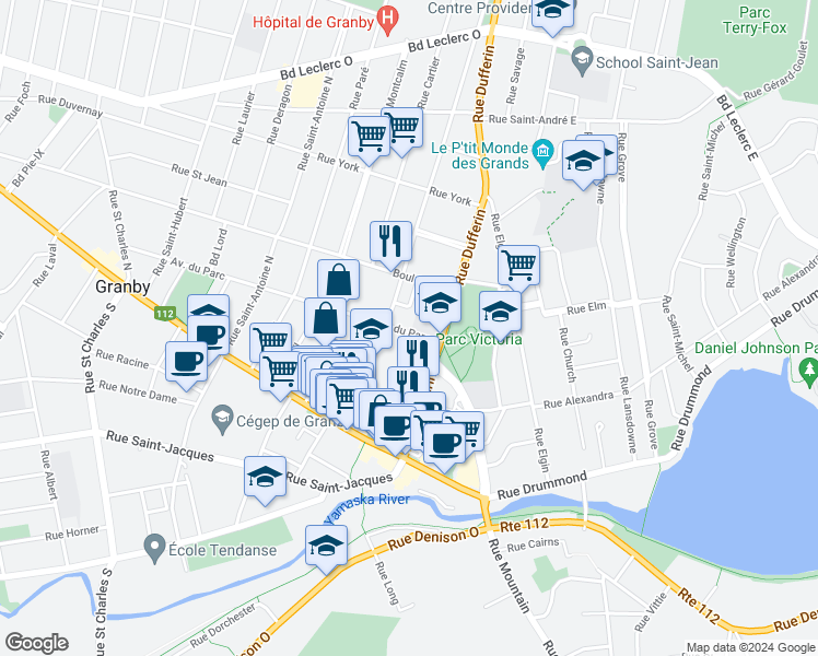 map of restaurants, bars, coffee shops, grocery stores, and more near 123 Avenue du Parc in Granby