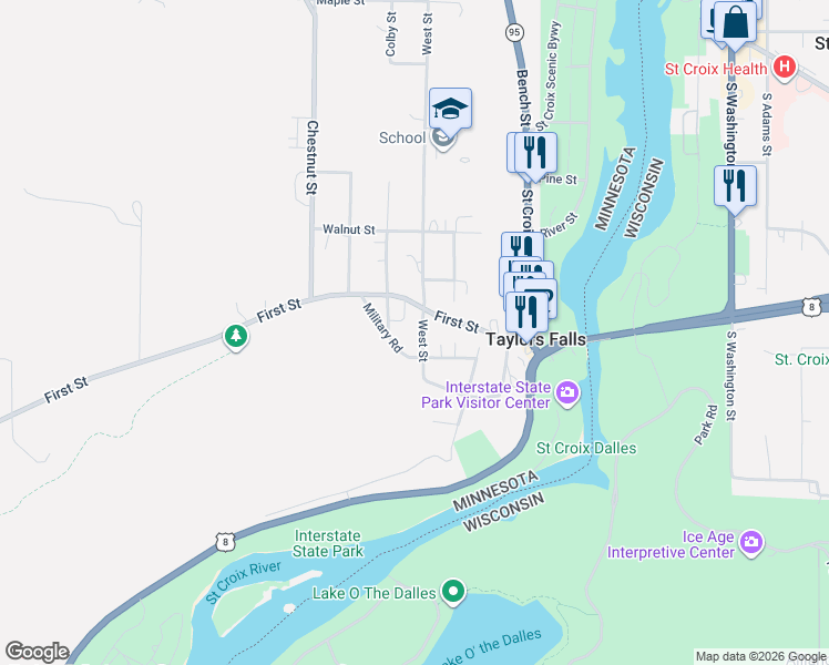 map of restaurants, bars, coffee shops, grocery stores, and more near 366 Plateau Street in Taylors Falls