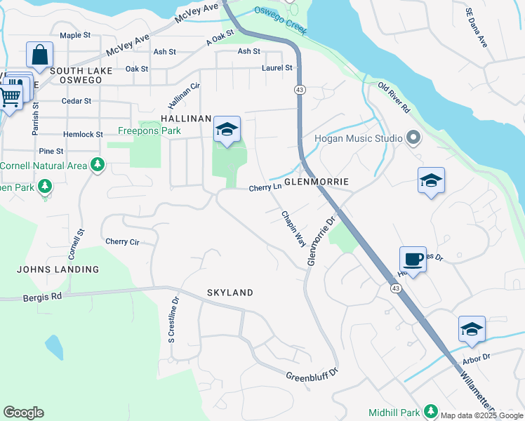 map of restaurants, bars, coffee shops, grocery stores, and more near 17037 Chapin Way in Lake Oswego