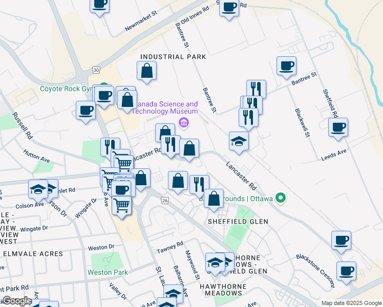 map of restaurants, bars, coffee shops, grocery stores, and more near 57 Lancaster Road in Ottawa