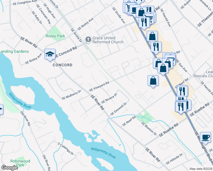 map of restaurants, bars, coffee shops, grocery stores, and more near 3102 Southeast Vineyard Road in Milwaukie