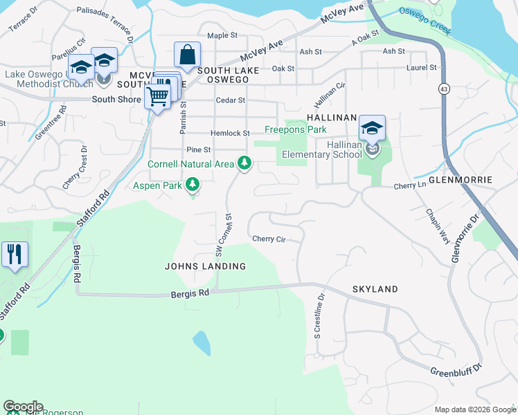 map of restaurants, bars, coffee shops, grocery stores, and more near 1131 Cherry Circle in Lake Oswego