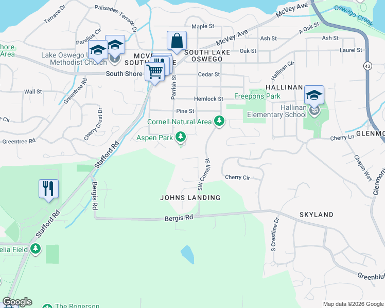 map of restaurants, bars, coffee shops, grocery stores, and more near 223 Cornell Court in Lake Oswego