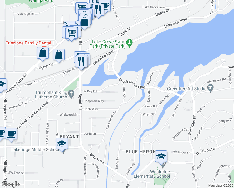 map of restaurants, bars, coffee shops, grocery stores, and more near 4050 Virginia Way in Lake Oswego