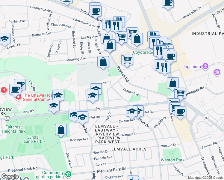 map of restaurants, bars, coffee shops, grocery stores, and more near 1796 Saunderson Drive in Ottawa