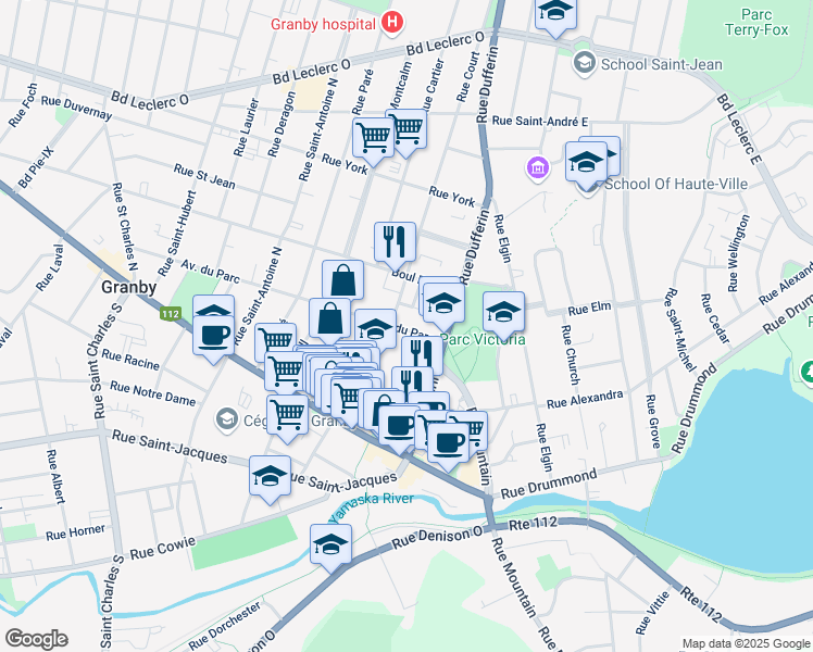 map of restaurants, bars, coffee shops, grocery stores, and more near 129 Avenue du Parc in Granby