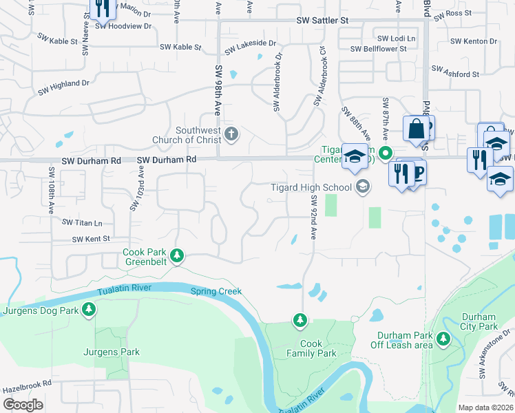 map of restaurants, bars, coffee shops, grocery stores, and more near 16300 Southwest Copper Creek Drive in Tigard