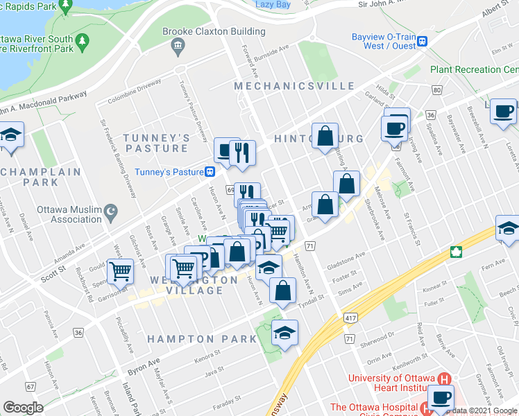 map of restaurants, bars, coffee shops, grocery stores, and more near 71 Spencer Street in Ottawa