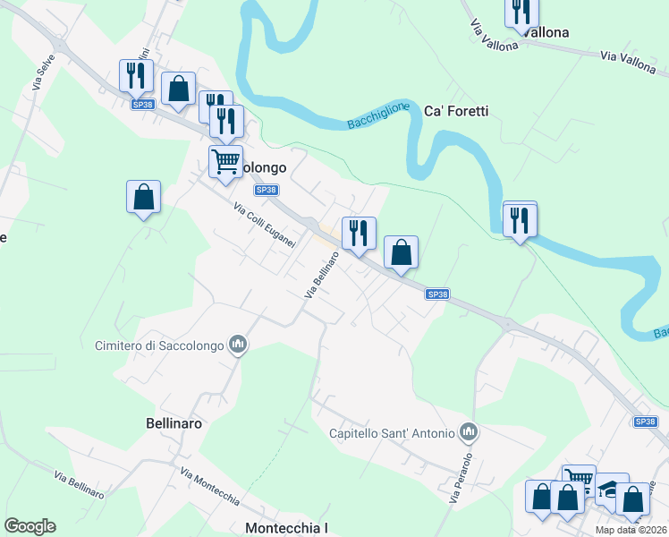 map of restaurants, bars, coffee shops, grocery stores, and more near 5 Via Bellinaro in Saccolongo