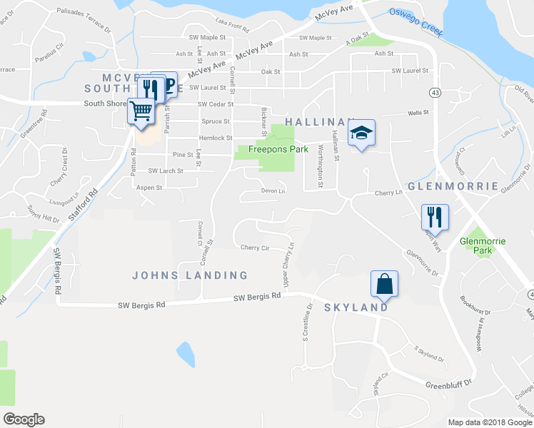 map of restaurants, bars, coffee shops, grocery stores, and more near 17555 Upper Cherry Lane in Lake Oswego