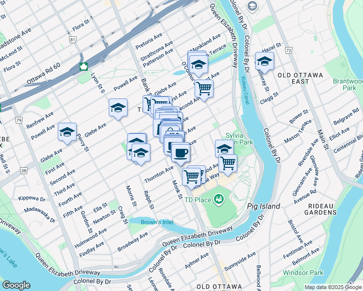 map of restaurants, bars, coffee shops, grocery stores, and more near 93 Fifth Avenue in Ottawa